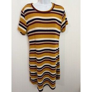 T-Shirt Dress Knit Gold Navy Blue Maroon Stripe Short Sleeve Size M/L Academia